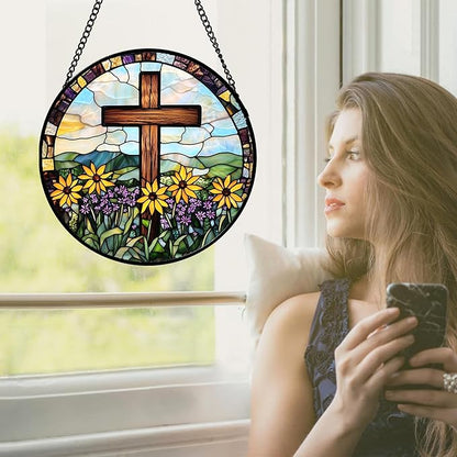 DASTOLL Christian Gifts for Women - Cross Stained Glass Window Hanging Easter Yellow Purple Wildflowers Sun Catcher Garden Religion Decor Mother's Day Catholic Gift for Men Grandma Nana Her Mom 15"