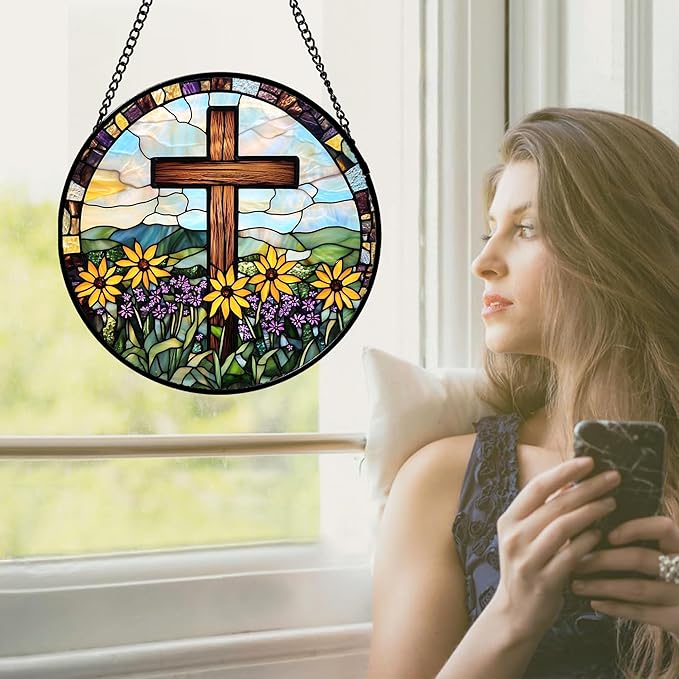 DASTOLL Christian Gifts for Women - Cross Stained Glass Window Hanging Easter Yellow Purple Wildflowers Sun Catcher Garden Religion Decor Mother's Day Catholic Gift for Men Grandma Nana Her Mom 9.8"