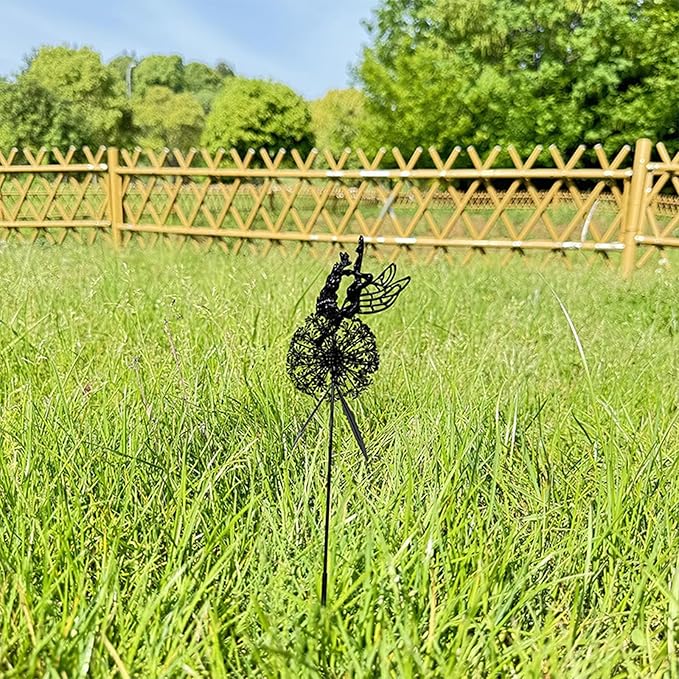 Flower Fairy Dancing with Dandelion Garden Sculpture,Angel Metal Ornaments Stainless Steel Statue Decorations,Wonderland Outdoor Yard Lawn Patio Stakes Sculptures Decor (E)
