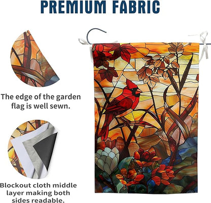 Stained Glass Cardinal Birds Garden Flag Spring Summer House Flag Fall Floral Decorative Yard Flags for Outside 28x40 Double Sided Large Seasonal Lawn Flags Rustic Outdoor Decor