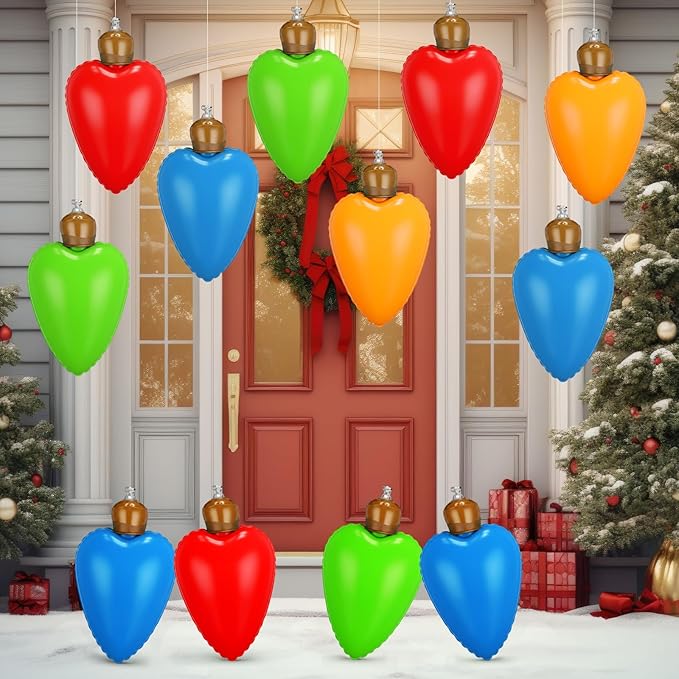 12 Pcs 10 Inch Inflatable Christmas Light Bulbs Ornaments Inflatable Christmas Ball Decorations Xmas Large Blow up Light Bulb Outdoor Indoor for Yard Lawn Tree Hanging Porch Garden Home