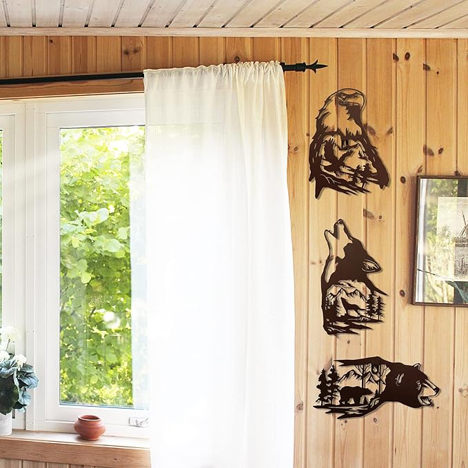 J-Fly Metal Bear Wall Decor Eagle Wall Decor Wildlife Wall Art Rustic Cabin Decor Laser Cut Bear and Wolf Eagle For Living Room Valentine Bathroom etc Indoor & Outdoor Decor 3 Pack