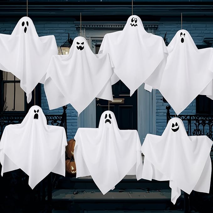 JOYIN 7 Pcs Halloween Hanging Ghost Decorations Outdoor, 19.6” Flying White Ghost Decor for Halloween Tree Front Yard Patio Lawn Garden Party and Holiday Décor