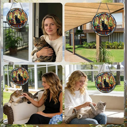 Rngmsi Stained Glass Window Hanging, 8 Inch Sun Catcher Cat and Book Theme Gift for Housewarming, Decorative Suncatchers Gifts for Wall Art Landscape Hanging Home Decor