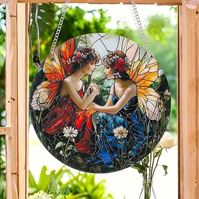Butterfly Girl Fairy Suncatcher Acrylic Flower Fairy Window Hanging Stained Sun Catchers Indoor Window Decor with Chain Home Garden Decoration 7.8 inch YKA188 (B)