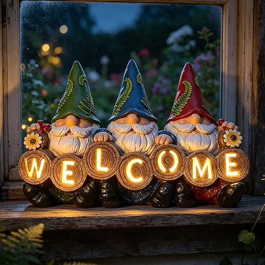 Garden Gnomes Solar Powered Welcome Statue, Outdoor Patio Yard Decor, Durable Resin, for Mom/Grandma, Anniversary & Easter Gifts for Women/Grandkids, Perfect for Spring Gardening