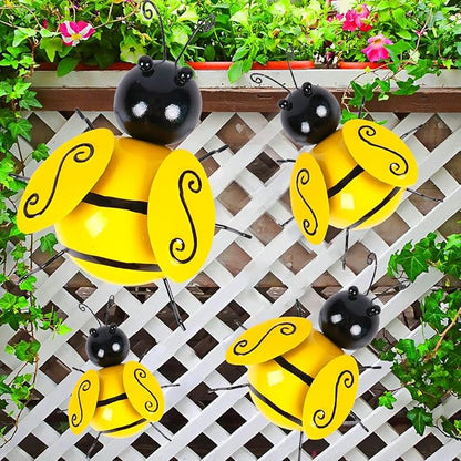 Metal Bumble Bees Garden Outdoor Decor Honey Bee Yard Art Outside Patio Fence Home Wall Decorations (Set of 4)