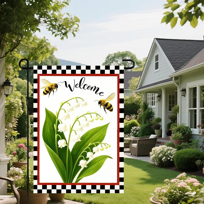 IVN Welcome Garden Flag 12x18 Inch Double Sided Spring Summer Garden Yard Flags Lily of the Valley Bees Decorative Small Flags for Outdoor Seasonal Front Door Lawn Porch Patio Decor Yard Flag