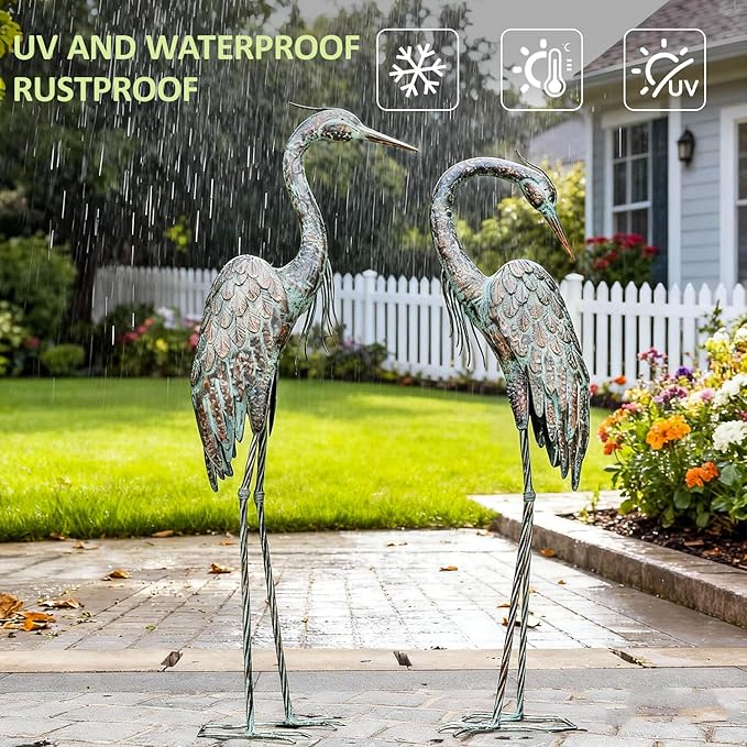 Kircust Garden Crane Statues, Standing Metal Patina Heron Decoy Outdoor Statue, 42-46 Inch Bird Yard Art for Patio Lawn Pond, Set of 2