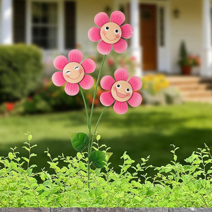 Glitzhome Happy Face Flower Yard Stake, 36”H Metal Flower Stakes with Triple Smiling Design, Iron Garden Yard Spring Decor or Wall Decor