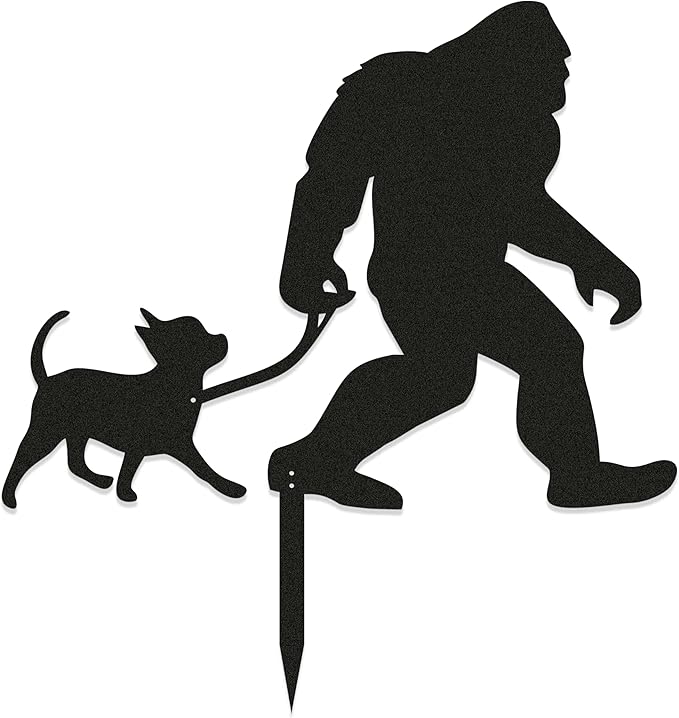 Bigfoot Garden Stake – Metal Sasquatch Statue Walking Chihuahua Dog on Leash – Funny Bigfoot Yard Decor, Outdoor Metal Yard Art, Sasquatch Sign for Garden & Lawn