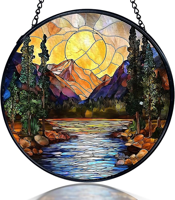 kdqua Mountain Suncatcher Stained Glass Window Hanging, Nature Sunset River Landscape Sun Catchers Indoor Window Glass Round Wall Decor, Mountain Wall Art Hanging Decorations Statues, 7.9x7.9in