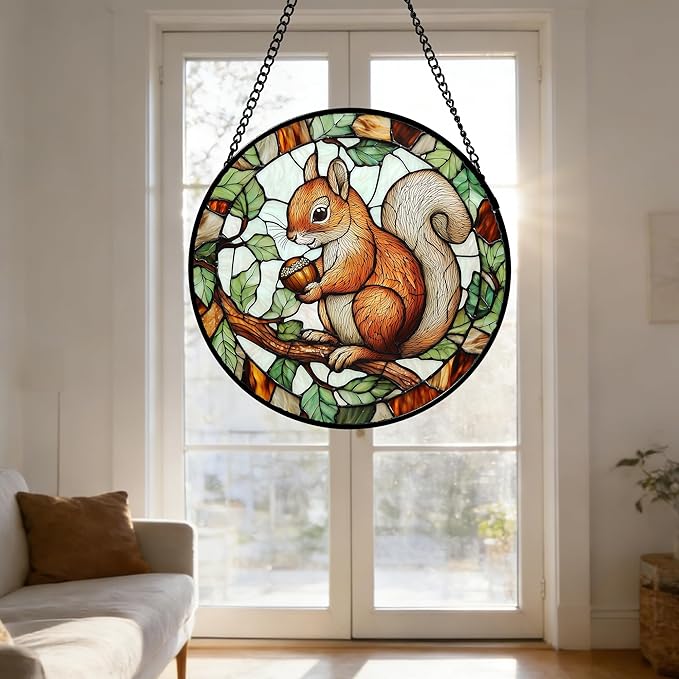 DASTOLL Stained Glass Window Hanging, Squirrel on a Branch Suncatcher Diamond Glass Panel Animal Sun Catchers Decor for Birthday for Women, Men, Wife, Aunt, and Mom 6.3 in