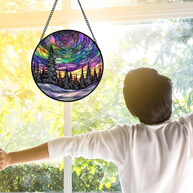 DASTOLL Stained Glass Window Hanging, Van Gogh Night Scene Sun Catchers Colorful Glass Panel Starry Sky Suncatcher Decor for Birthday for Women, Men, Wife, Aunt, and Mom 7.8 in