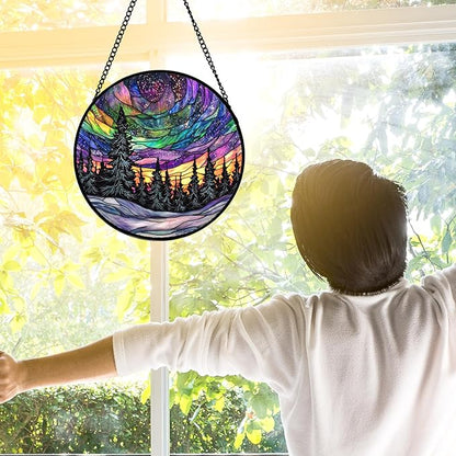 DASTOLL Stained Glass Window Hanging, Van Gogh Night Scene Sun Catchers Colorful Glass Panel Starry Sky Suncatcher Decor for Birthday for Women, Men, Wife, Aunt, and Mom 7.8 in