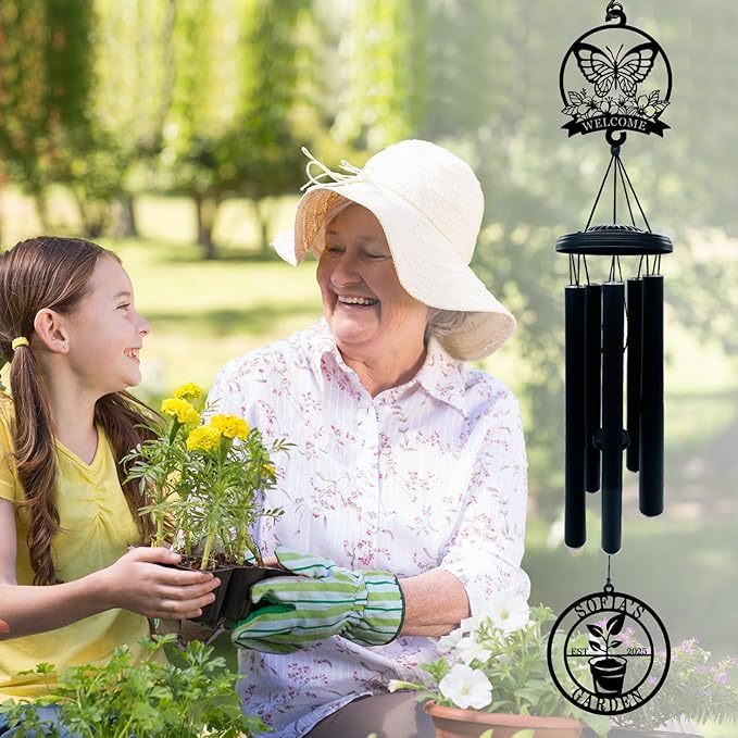 Personalized Wind Chime with Welcome Garden Sign, Custom Wind Chime for Mom Grandma