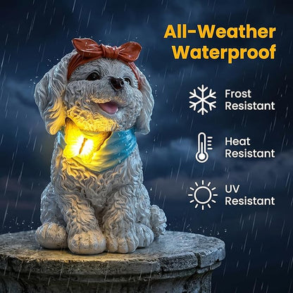 Solar Garden Poodle Statue, Detachable Ground Stake, White Resin Puppy with LED Butterfly and Blue Scarf, Waterproof Yard Decor for Patio, Lawn, Porch, Pathway, and Gift Giving