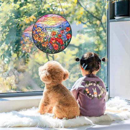 Stained Glass Window Hanging, Flower Sun Catcher for Door Terrace Garden Kitchen Home Decor, Mountain and Sunset Suncatchers for Mother's Day Birthday Gifts for Women Men Dad Mom Nana Wife 6.3 in
