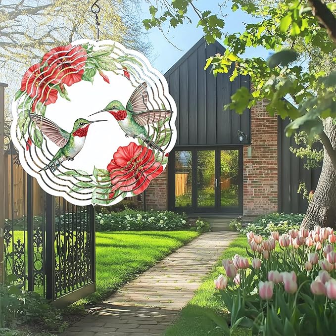 Hummingbird Wind Spinners Outdoor, Hanging Wind Spinner for Garden Decoration, 8 inch 3D Stainless Steel Metal Wind Sculpture for Indoor/Outdoor Decor