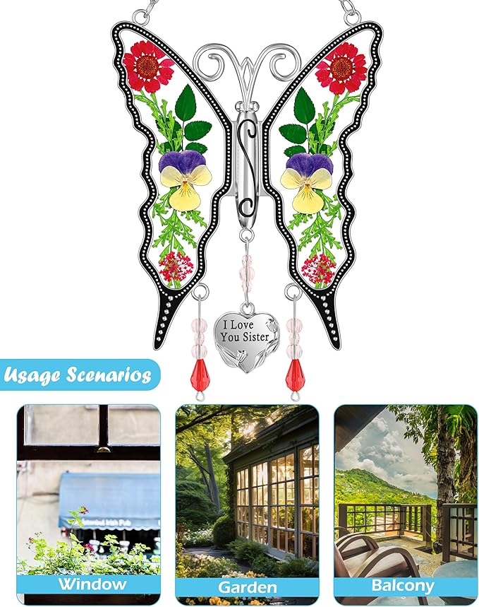 KY&BOSAM Butterfly Suncatcher I Love You Sister Stained Glass for Windows Hangings Wind Chime Pressed Real Dried Flowers Between Wings and Heart Charm Gifts for Sister Mothers Day Birthday Valentines