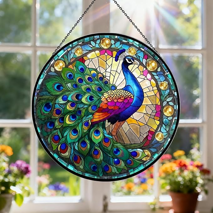 Stained Glass Window Hanging, 7.9" Peacock Suncatcher Ornament, Hand-Painted Round Stained Glass, Peacock Themed Gifts for Women & Bestie, Indoor/Outdoor Garden Wall Art & Housewarming Decor