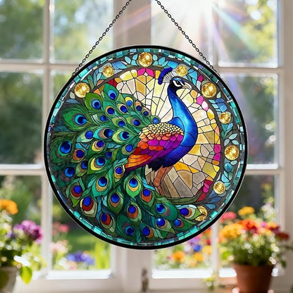 Stained Glass Window Hanging, 7.9" Peacock Suncatcher Ornament, Hand-Painted Round Stained Glass, Peacock Themed Gifts for Women & Bestie, Indoor/Outdoor Garden Wall Art & Housewarming Decor