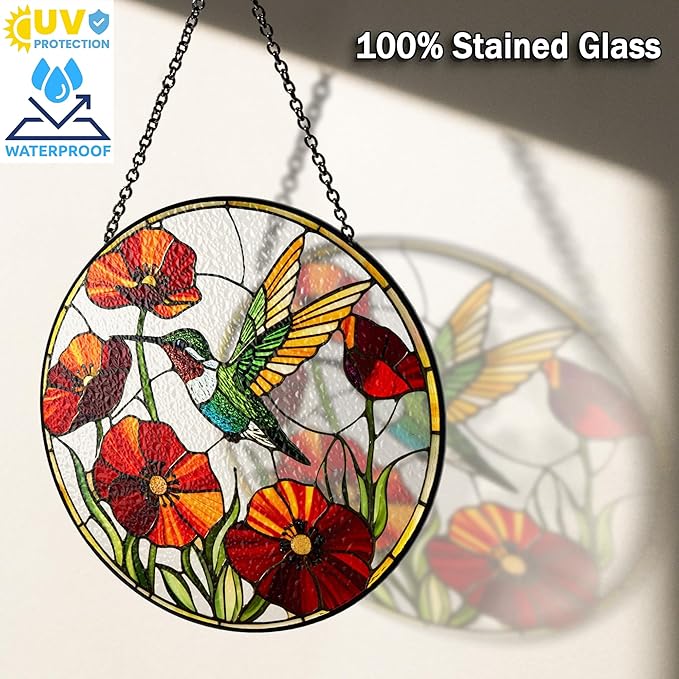 6" Hummingbird Stained Glass Suncatcher, Bird Window Hanging Ornament, Hummingbird Keepsake Theme Gift for Mom, Women, Bird Lovers, Garden Decor and Stained Glass Art for Home Display