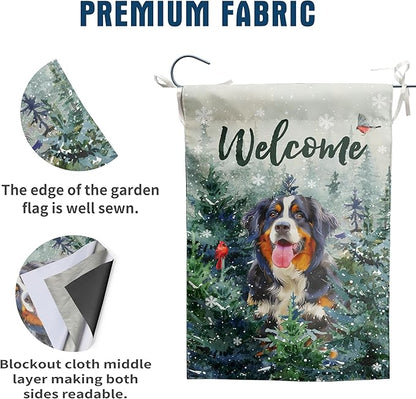 Welcome Winter Garden Flags Bernese Mountain Garden Flag Cardinal Birds on Snowy Pine Tree Flag Dog Yard Flags for Outside 12x18 Double Sided Christmas Decorative