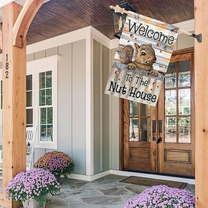 Welcome to the Nut House House Flag 28x40 Inch Double-Sided Outdoor Squirrel Decorations for Home Porch & Yard Outdoor Decoration