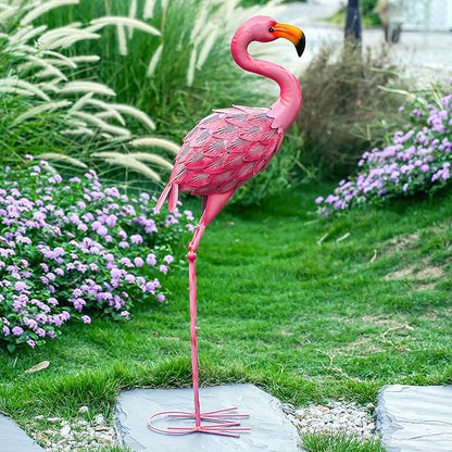 Pink Flamingo Garden Statue Outdoor Decoration, Metal Yard Art Lawn Ornament, Suitable for Backyard Pond, Patio, Porch Outdoor Decor (Large Size)