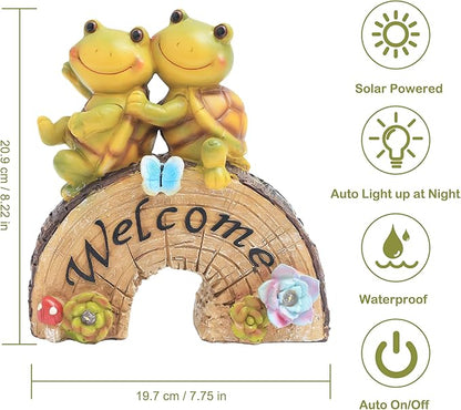 Attivolife Garden Statue Turtle Welcome Decor, Outdoor Solar Light Cute Succulent Frog Face Figurines LED, Patio Lawn Porch Yard Balcony Decor, Unique Housewarming Birthday Gift for Mom Women