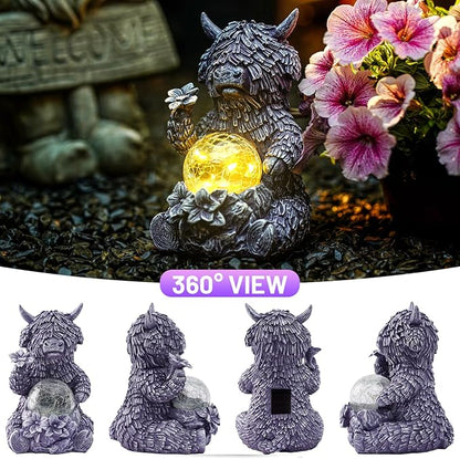 Gray Highland Cow Garden Statue with Solar Crackle Globe Light - Whimsical Resin Figurine for Outdoor Patio, Lawn, Yard Decor, Unique Birthday & Housewarming Gift for Women, Mom, Friends