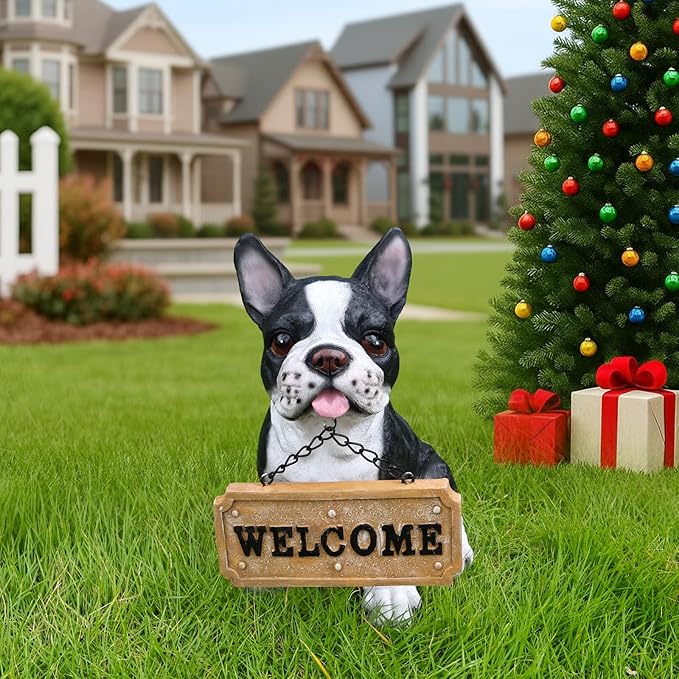 Outdoor French Bulldog Dog Statue with Interchangeable Welcome Sign and Detachable Solar Lantern –LED Light Garden Dog Sculpture Décor, Cute Puppy Design for Yard, Porch, Gift