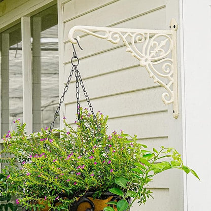 Sungmor Decorative Cast Iron Wall Bracket for Hanging Baskets – 2 Pack Heavy Duty Plant Hanger Hook for Outdoor/Indoor Use – Vintage White Metal Hanging Bracket for Lanterns, Bird Feeders, Signs