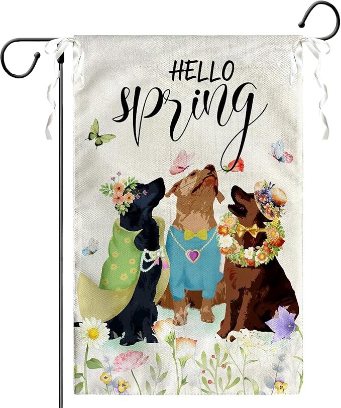 Hello Spring Garden Flags Golden Retriever Dog Yard Flag Puppy Daisy Floral Flowers House Banner Spring Butterfly Seasonal Flowers Garden Flag or Farmhouse Holiday Outside Decor 12x18 Inch