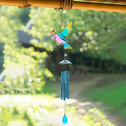 35" Blue Hummingbird Wind Chimes, Indoor Outdoor Glass Painted Mobile Chime for Patio, Balcony, Garden, Yard, or Home Window Decoration, Lifelike Stained Metal Style with Deep Tone Music, Lawn Hanging