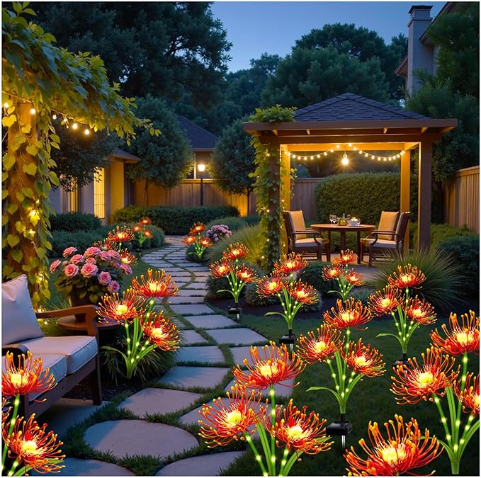 Solar Garden Flower Lights Outdoor,4 Pack Orange Spider Lily Lights with Glowing Stems,Waterproof Fall Decor Solar Yard Decor for Patio Lawn Pathway,Thanksgiving Garden Gifts for Women Mom Grandma