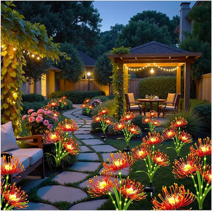 Solar Garden Flower Lights Outdoor,4 Pack Orange Spider Lily Lights with Glowing Stems,Waterproof Fall Decor Solar Yard Decor for Patio Lawn Pathway,Thanksgiving Garden Gifts for Women Mom Grandma