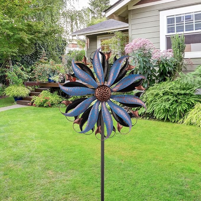 VEWOGARDEN Wind Spinners Outdoor, Metal Kinetic Wind Spinner with Flower Design for Yard Garden Lawn Decorations, Dark Blue