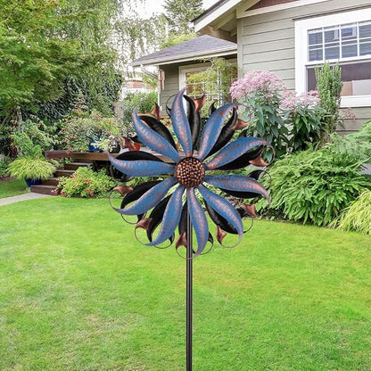 VEWOGARDEN Wind Spinners Outdoor, Metal Kinetic Wind Spinner with Flower Design for Yard Garden Lawn Decorations, Dark Blue