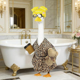 Lady Porch Goose Outfits,Bathrobe Porch Goose Statue Costume with Curlers Reading Glasses Coffee Cup Towel,Cute Goose Clothes for 23-Inch Cement Statue,Lawn Yard Garden Patio Decor（Leopard Print 01）