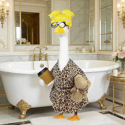 Lady Porch Goose Outfits,Bathrobe Porch Goose Statue Costume with Curlers Reading Glasses Coffee Cup Towel,Cute Goose Clothes for 23-Inch Cement Statue,Lawn Yard Garden Patio Decor（Leopard Print 01）