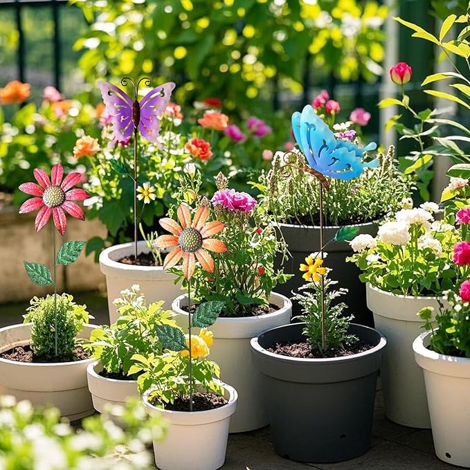 Metal Flowers for Outside, 16.15" 4-Pack Metal Colorful Butterfly & Flower Decorative Garden Stakes for Spring Garden Decor, Shaking Head Yard Art Decorations for Patio Lawn Ornaments