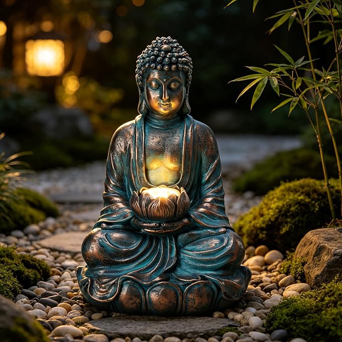 Bshine Solar Buddha Statue Outdoor Lights - 11x6 Inch Waterproof Garden Statue with Lotus, Meditation Zen Spiritual Room Decor for Yard