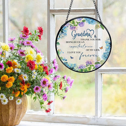 Grandma Gifts Suncatchers Stained Glass Window Hanging, Grandma Gifts for Mother's Day from Grandkids Sun Catchers Indoor Window, Grandmother Gift, 7.9x7.9in