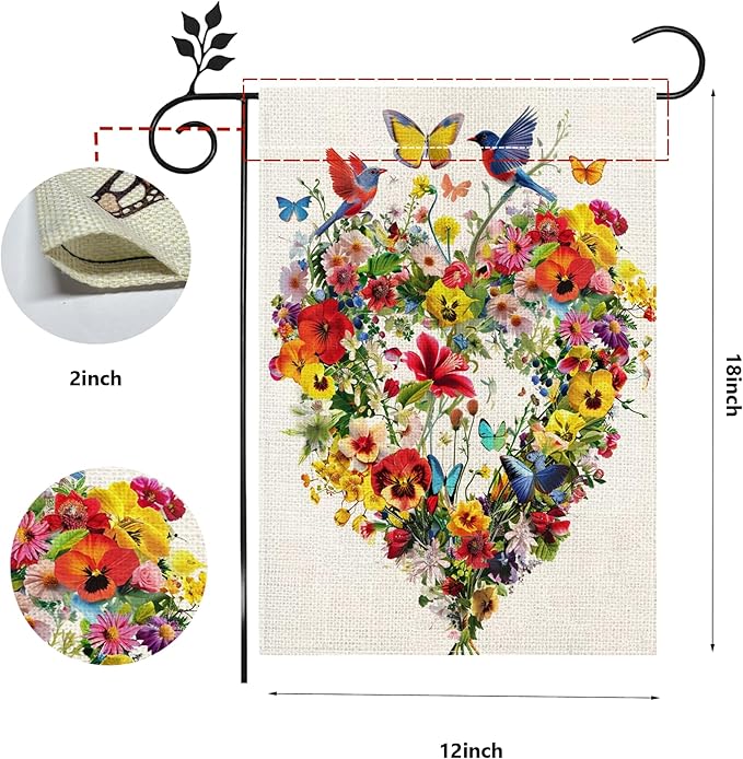 Spring Summer Birds Flowers Butterflies Garden Flag for Outside, Colorful Floral Love Hearts Outdoor Yard Flag 12x18 Inch Double Sided Burlap