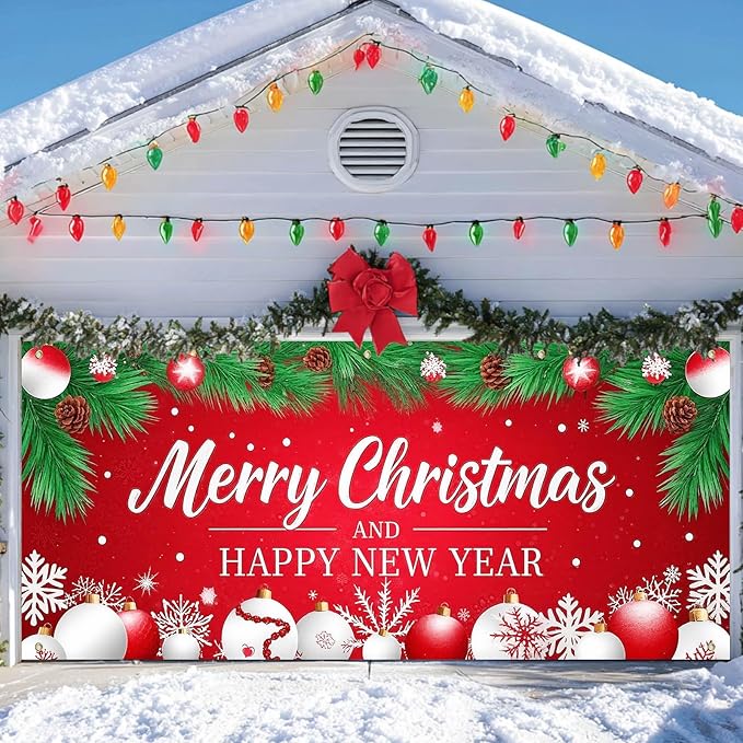IVN Christmas Garage Door Cover Decoration 13x6ft Red Background Pine Needles White Baubles Snowflakes Merry Christmas Winter Garage Door Banner Home Door Front Yard Decor for Xmas Eve Holiday Outdoor
