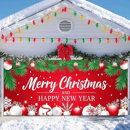 IVN Christmas Garage Door Cover Decoration 13x6ft Red Background Pine Needles White Baubles Snowflakes Merry Christmas Winter Garage Door Banner Home Door Front Yard Decor for Xmas Eve Holiday Outdoor