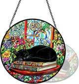 Cat Stained Glass Suncatcher Window, Hanging Sun Catchers Indoor Window, Suncatcher for Nana/Mom/Women (Black Cat)