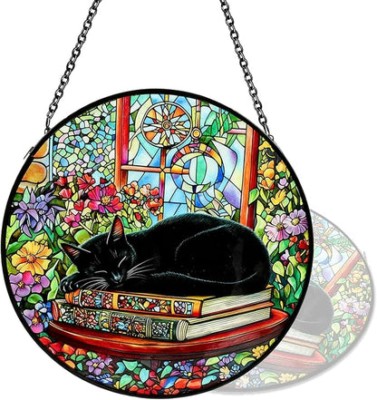 Cat Stained Glass Suncatcher Window, Hanging Sun Catchers Indoor Window, Suncatcher for Nana/Mom/Women (Black Cat)